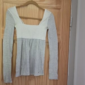 Hollister Gray and White Striped Long Sleeve Top